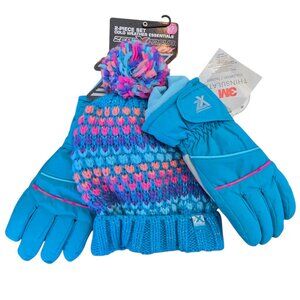 ZeroXposur Hat and Glove set Kids 2 pc Pom-Pom Beanie XL Gloves Girls Thinsulate
